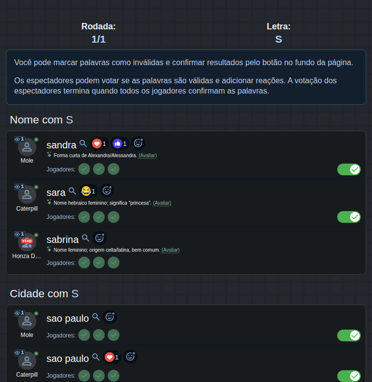 Avaliação das palavras