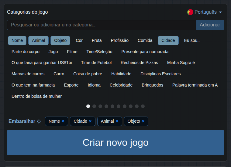 Escolha das categorias