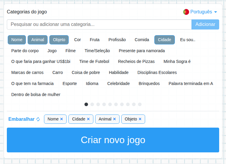 Escolha das categorias