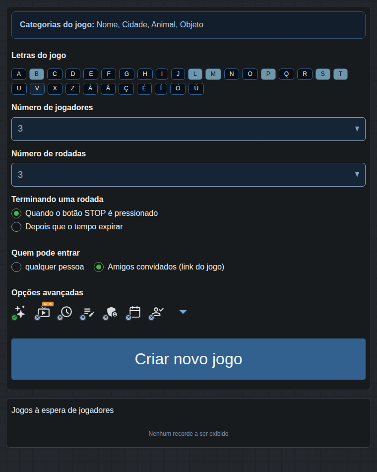 Formulário para criar a partida