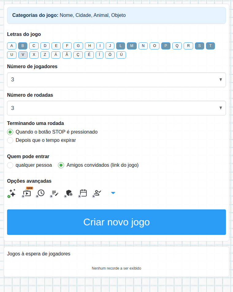 Formulário para criar a partida