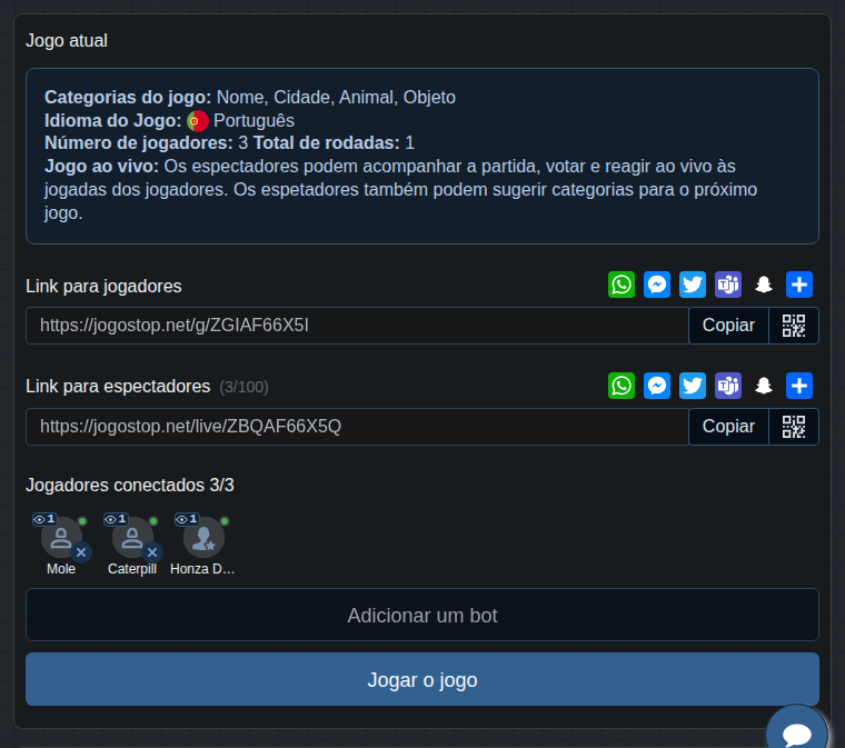 Lobby com o link para o público