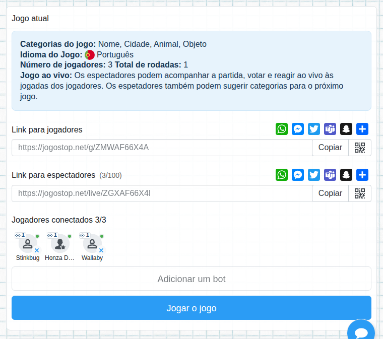 Lobby com o link para o público
